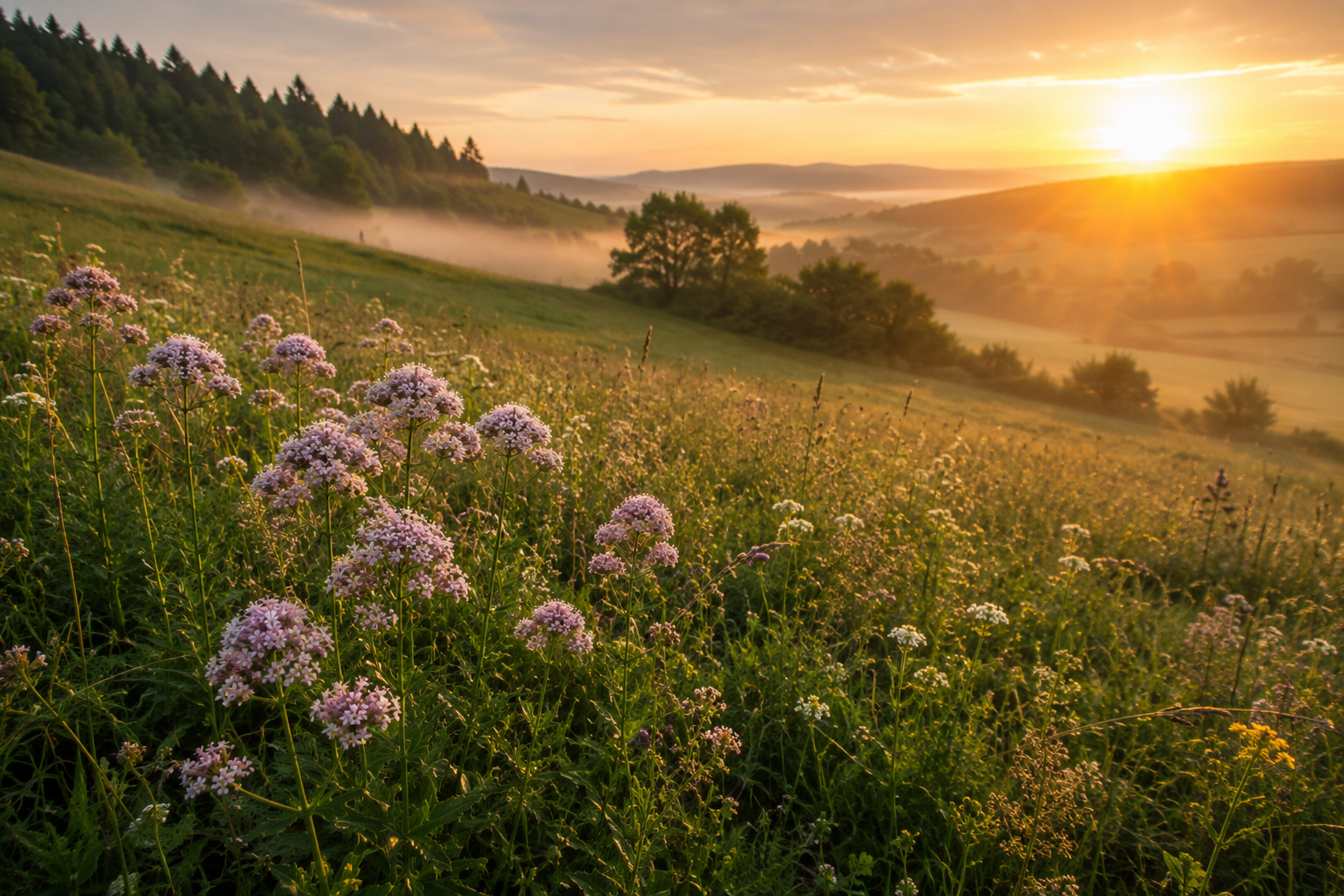 imagem do por do sol numa plantação de valeriana