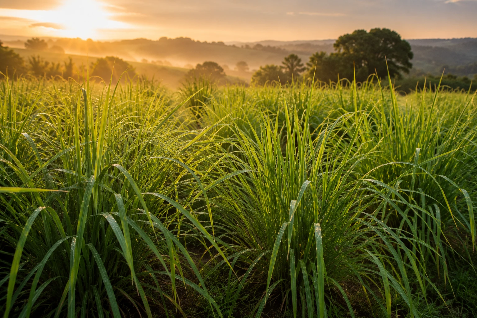 Texto alternativo: Campo de capim-limão ao entardecer, planta usada para chá calmante e relaxante