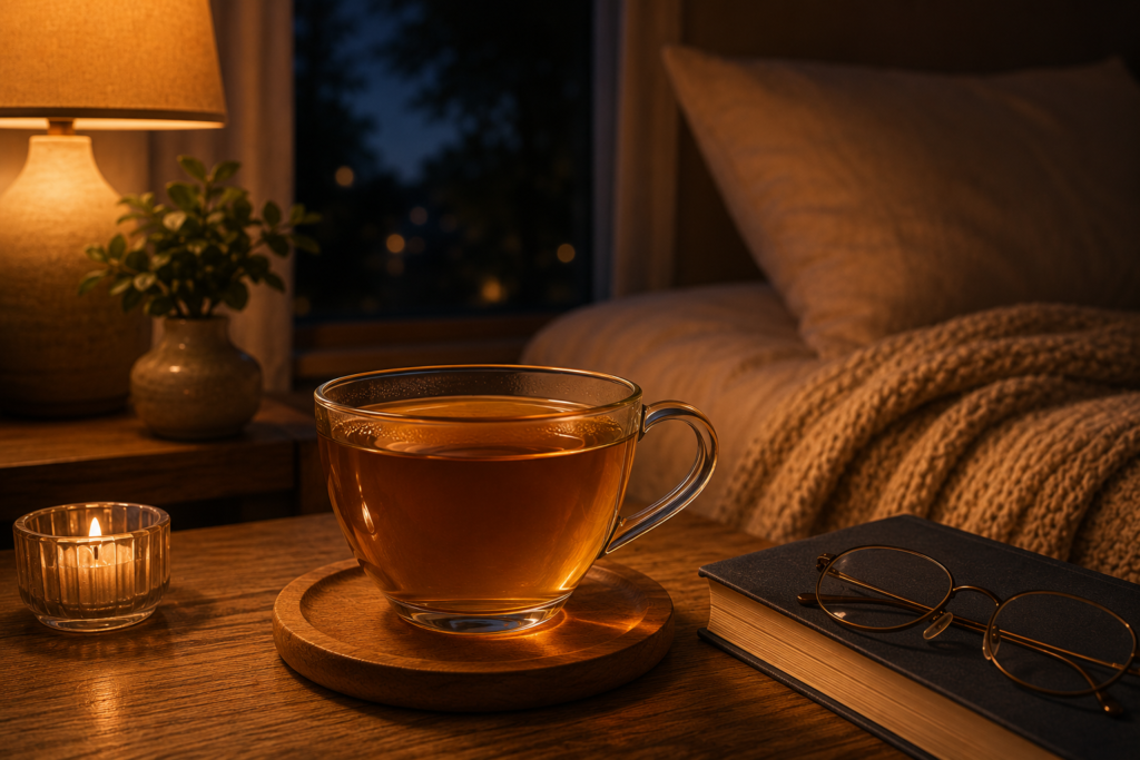 xicara de chá ao lado da cama com um livro e ´culos pra leitura