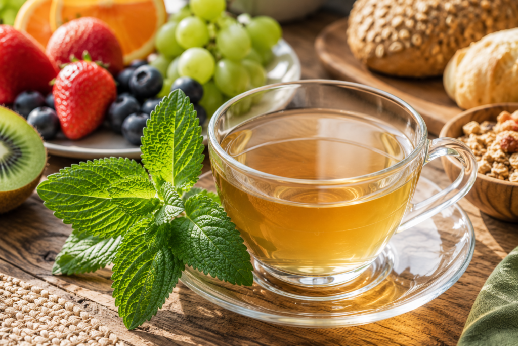 Xícara de chá de erva-cidreira servida ao lado de frutas frescas.