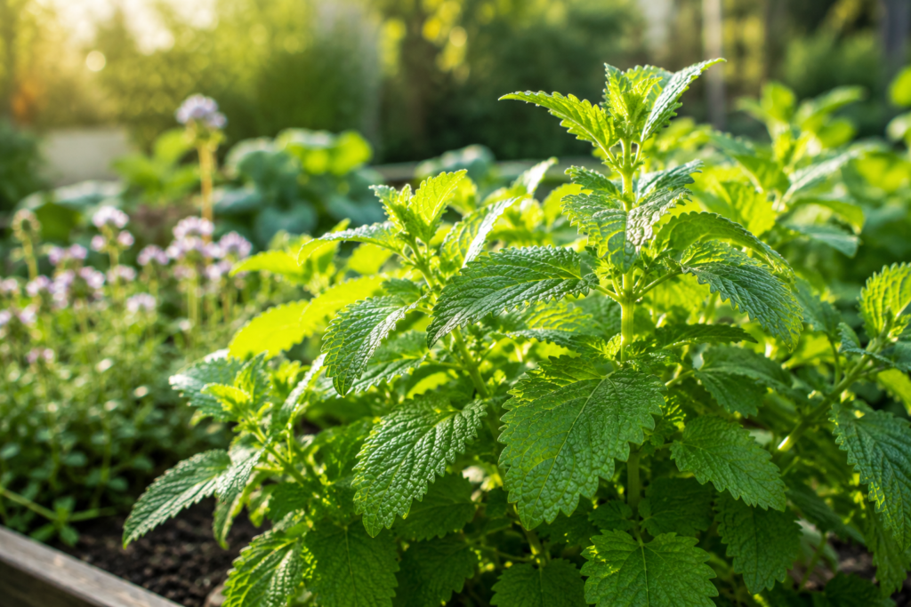 Planta de erva-cidreira com folhas verdes em jardim medicinal.