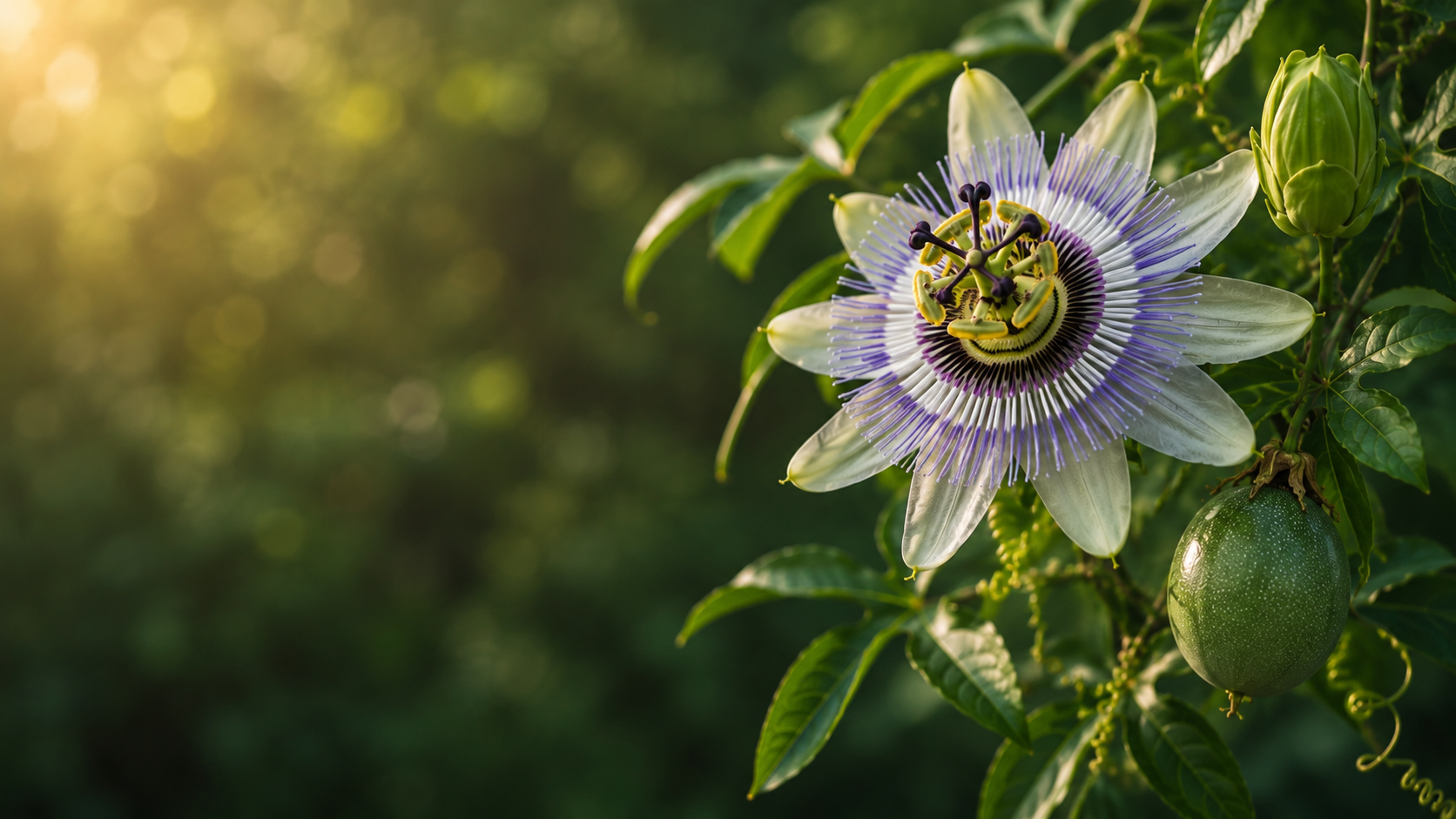 flor de passiflora aberta bot~es fechados e maracujá