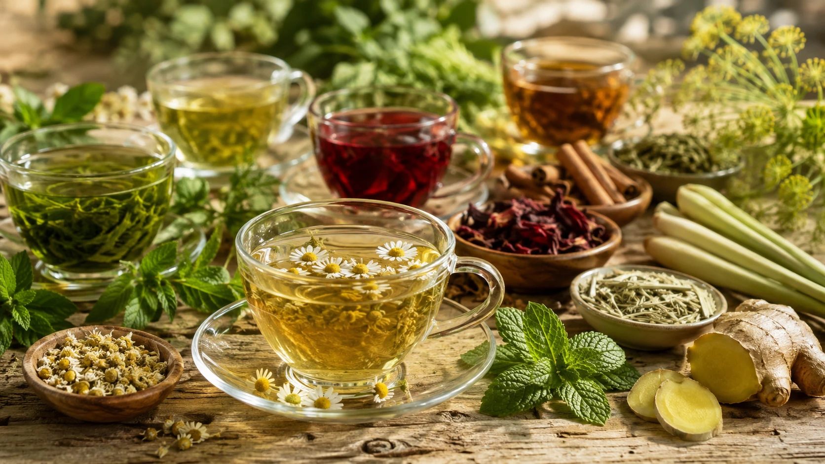Xícaras de chás medicinais com ervas variadas sobre mesa de madeira