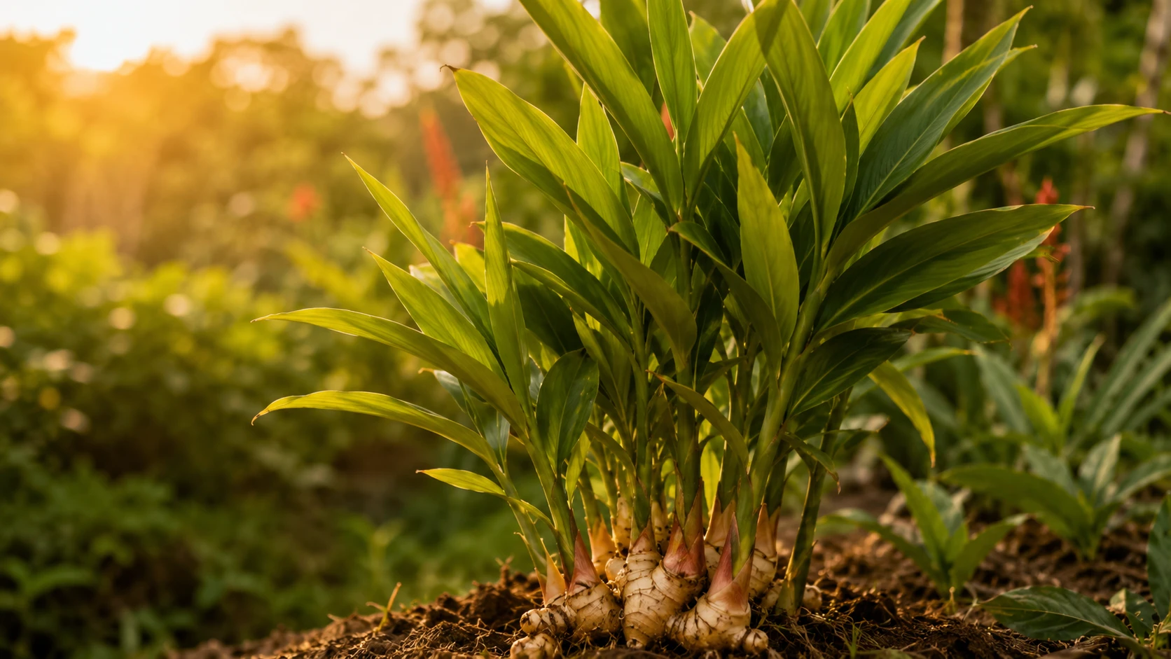 Planta de gengibre com folhas verdes crescendo ao ar livre