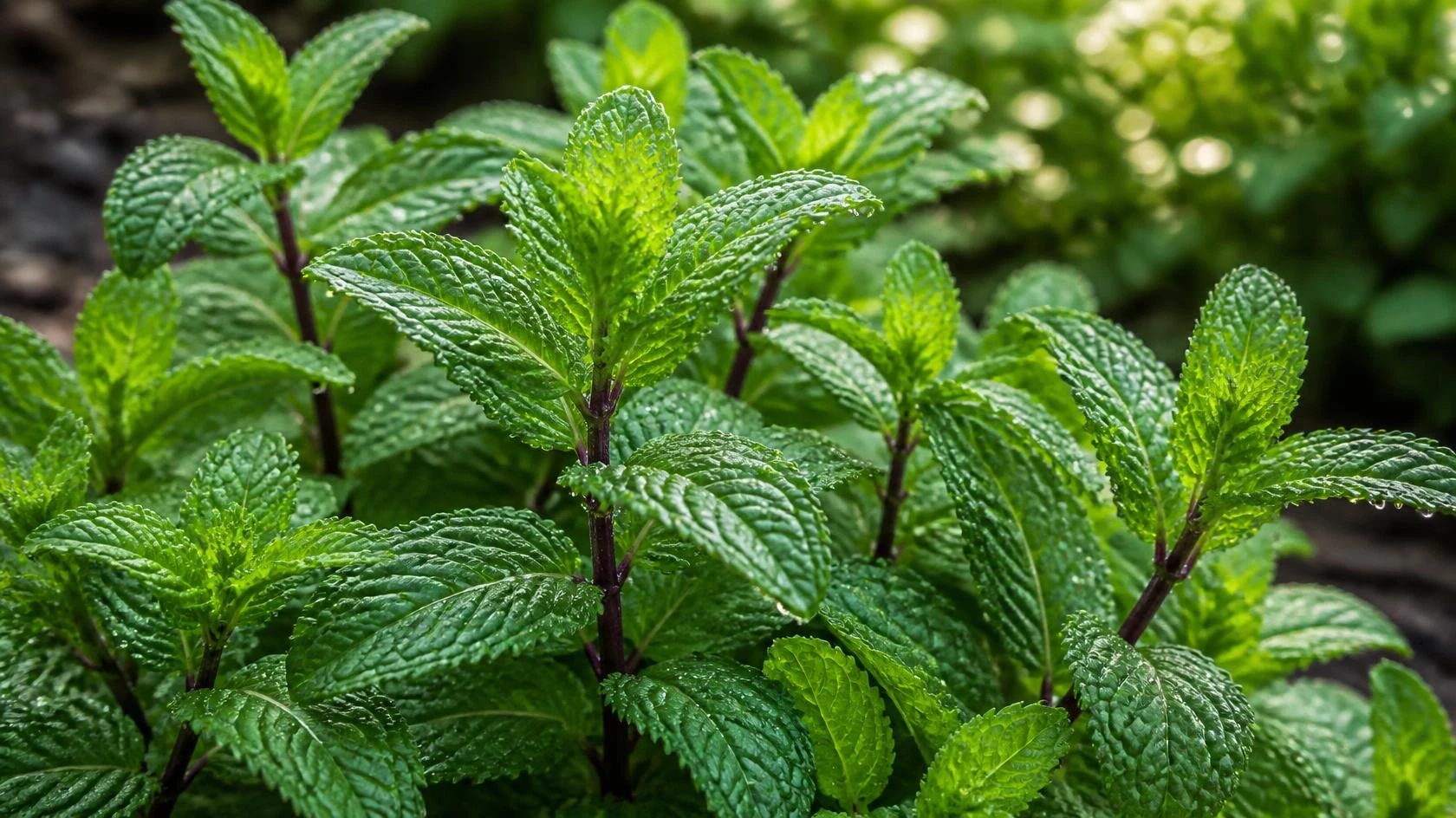 Folhas frescas de hortelã-pimenta (Mentha piperita) crescendo ao ar livre