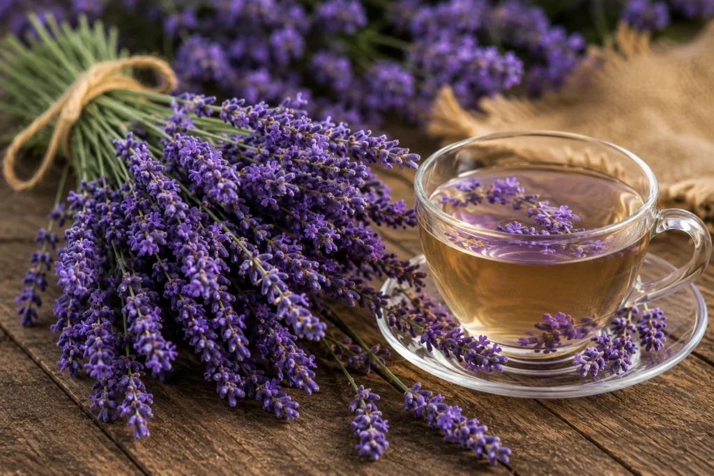 Xícara de chá de lavanda com flores secas ao lado, bebida tradicional para relaxamento