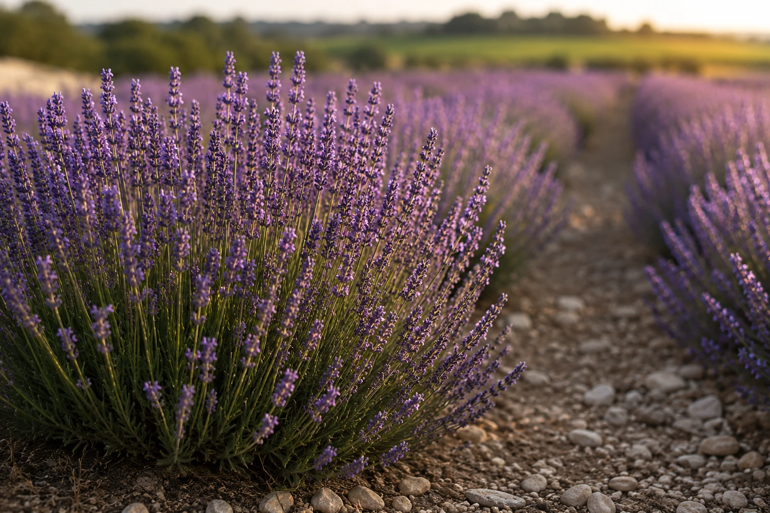 Campo de lavanda em flor ao entardecer, planta usada para chá calmante e relaxante