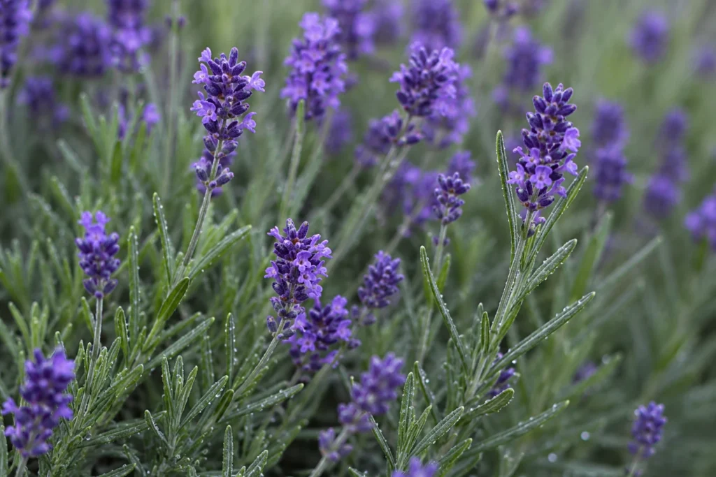 Close-up das flores roxas de lavanda (Lavandula angustifolia) usadas no preparo do chá