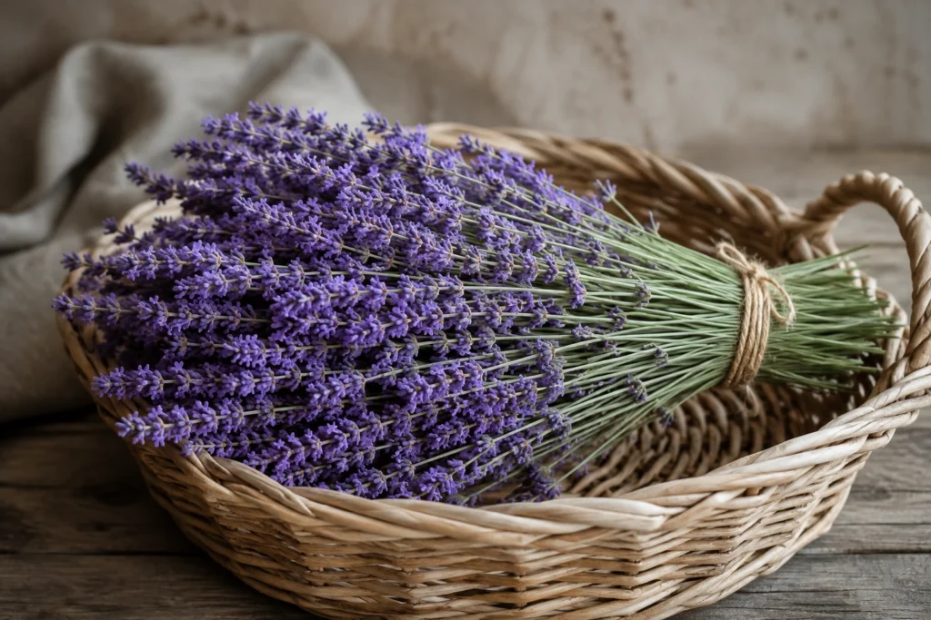 Ramo de lavanda recém-colhido em uma cesta, usado no preparo tradicional do chá