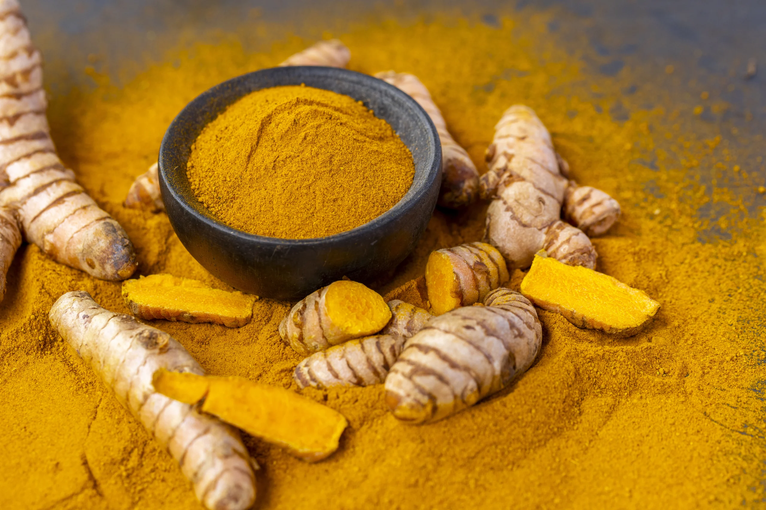 rizomas e pó de açafrão da terra cúrcuma
